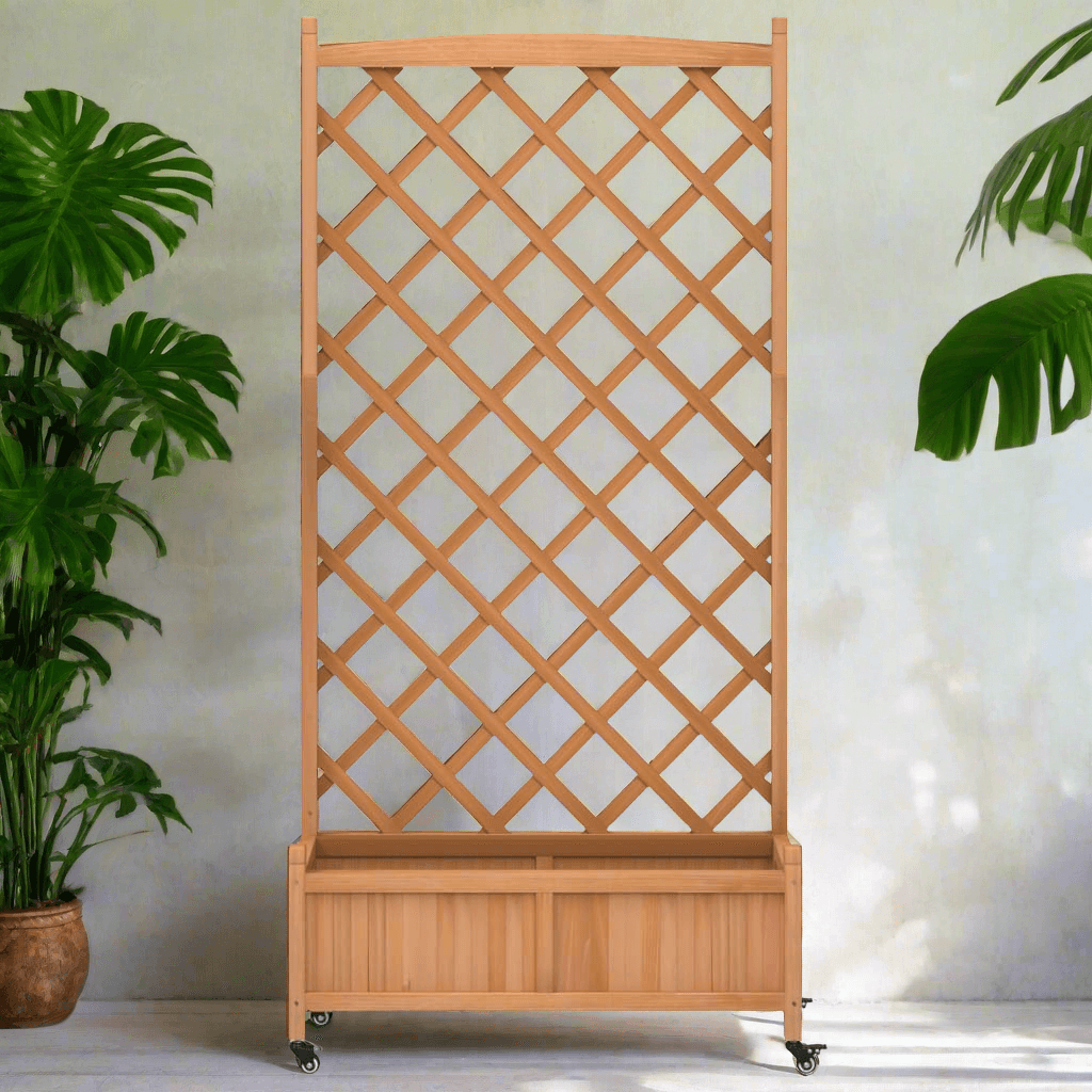 Planter with Trellis and Wheels Brown Solid Wood Fir - PRHOMZ