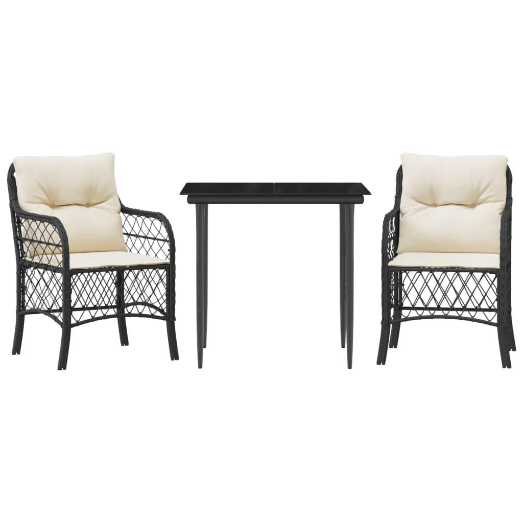 vidaXL 3 Piece Bistro Set with Cushions Black Poly Rattan - PRHOMZ