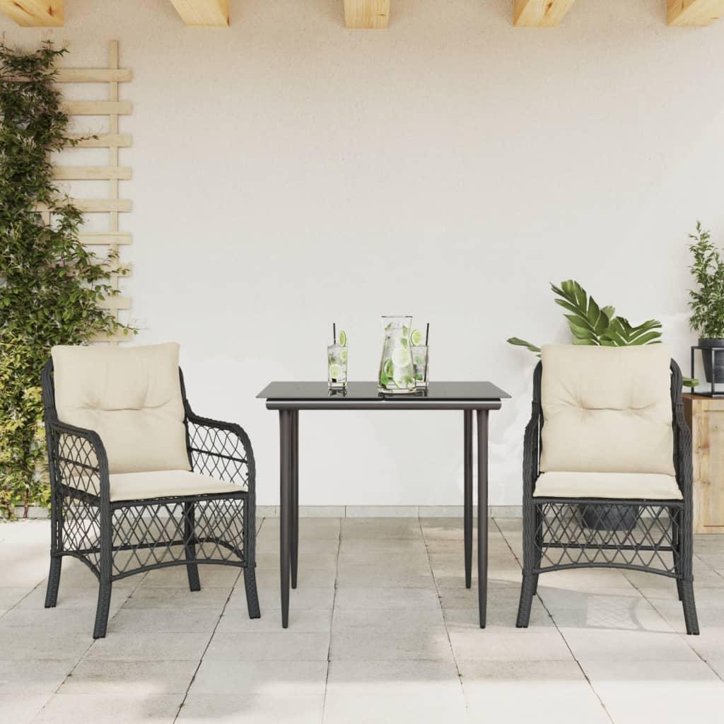 vidaXL 3 Piece Bistro Set with Cushions Black Poly Rattan - PRHOMZ