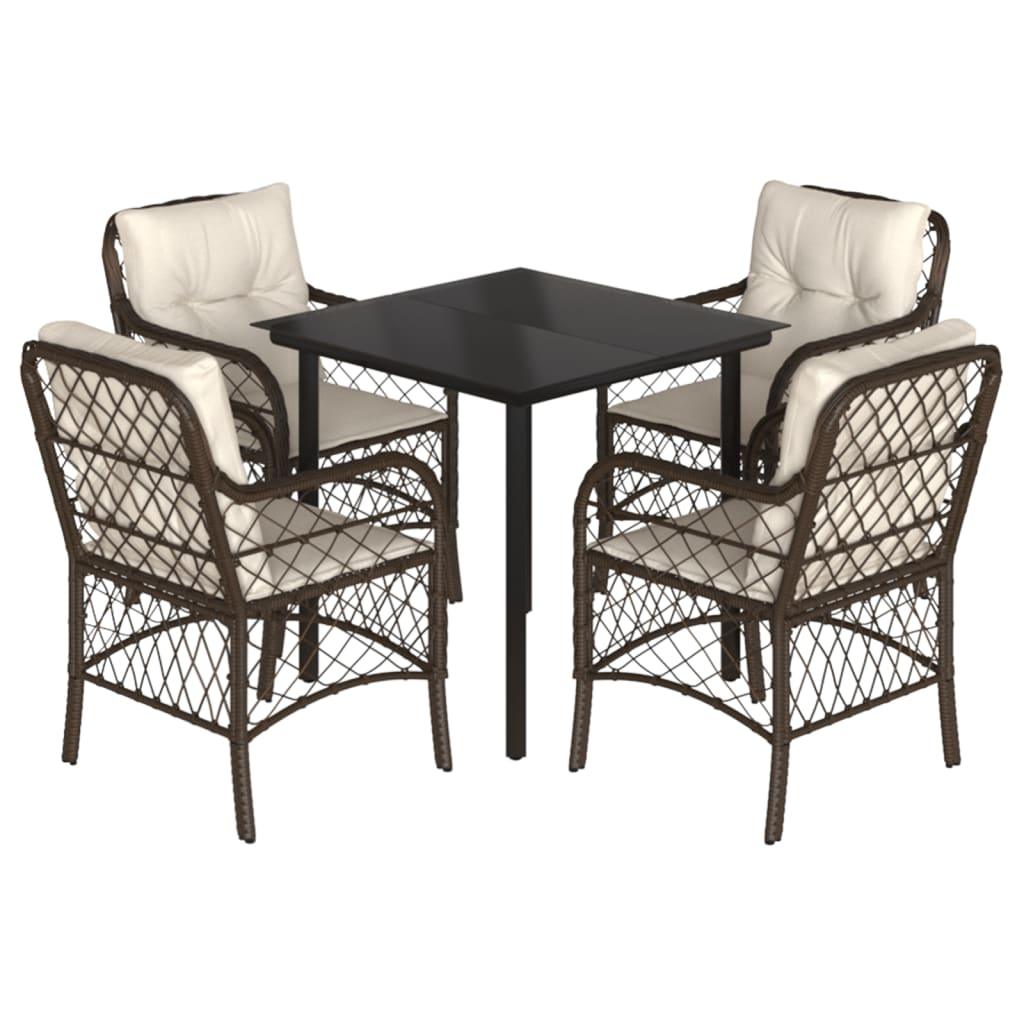 vidaXL 5 Piece Patio Dining Set with Cushions Brown Poly Rattan - PRHOMZ