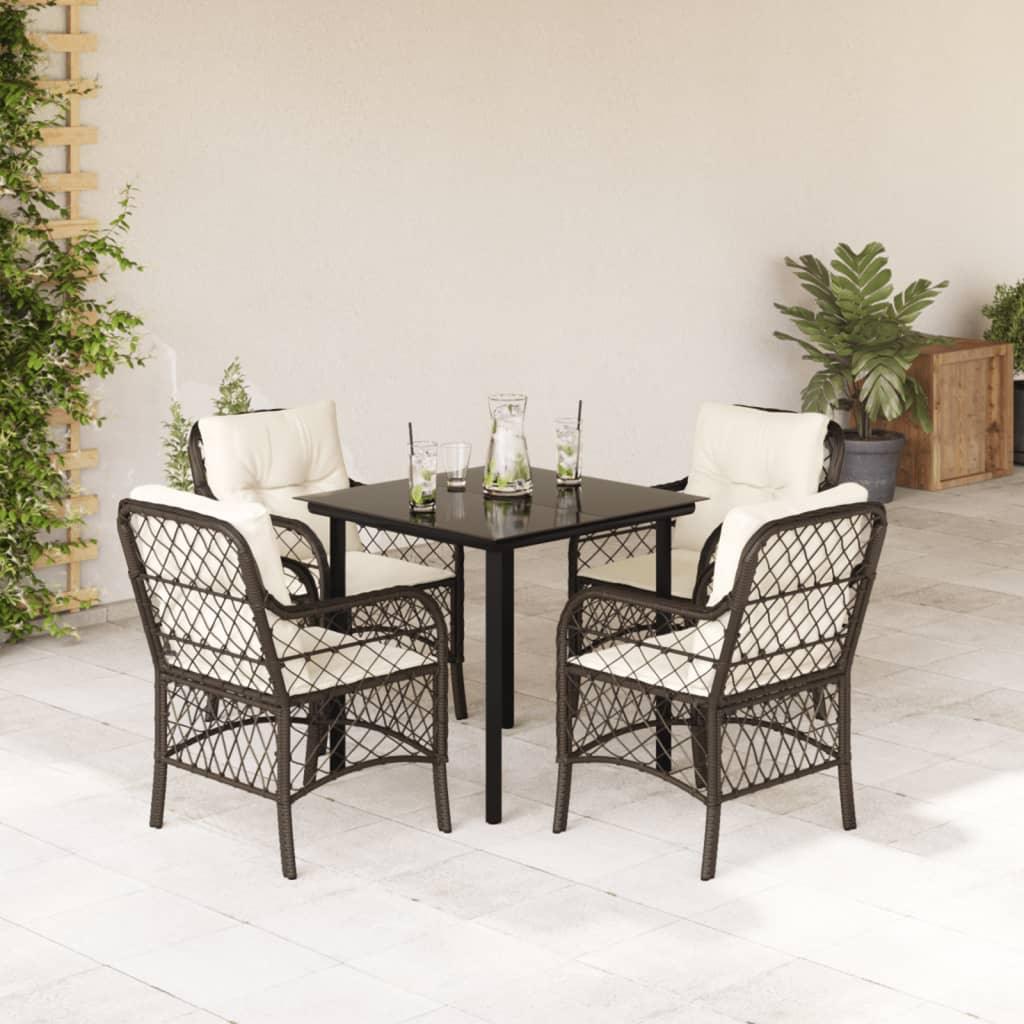 vidaXL 5 Piece Patio Dining Set with Cushions Brown Poly Rattan - PRHOMZ