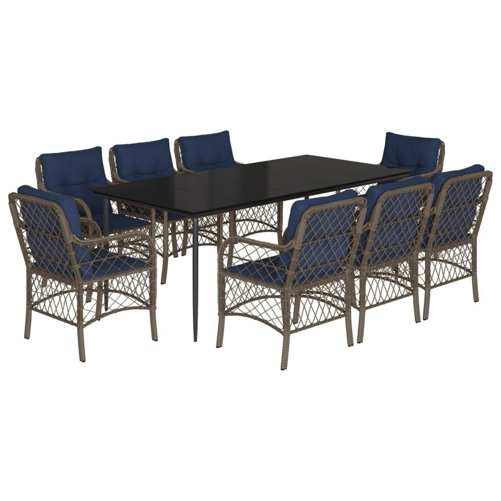 vidaXL 9 Piece Patio Dining Set with Cushions Gray Poly Rattan - PRHOMZ