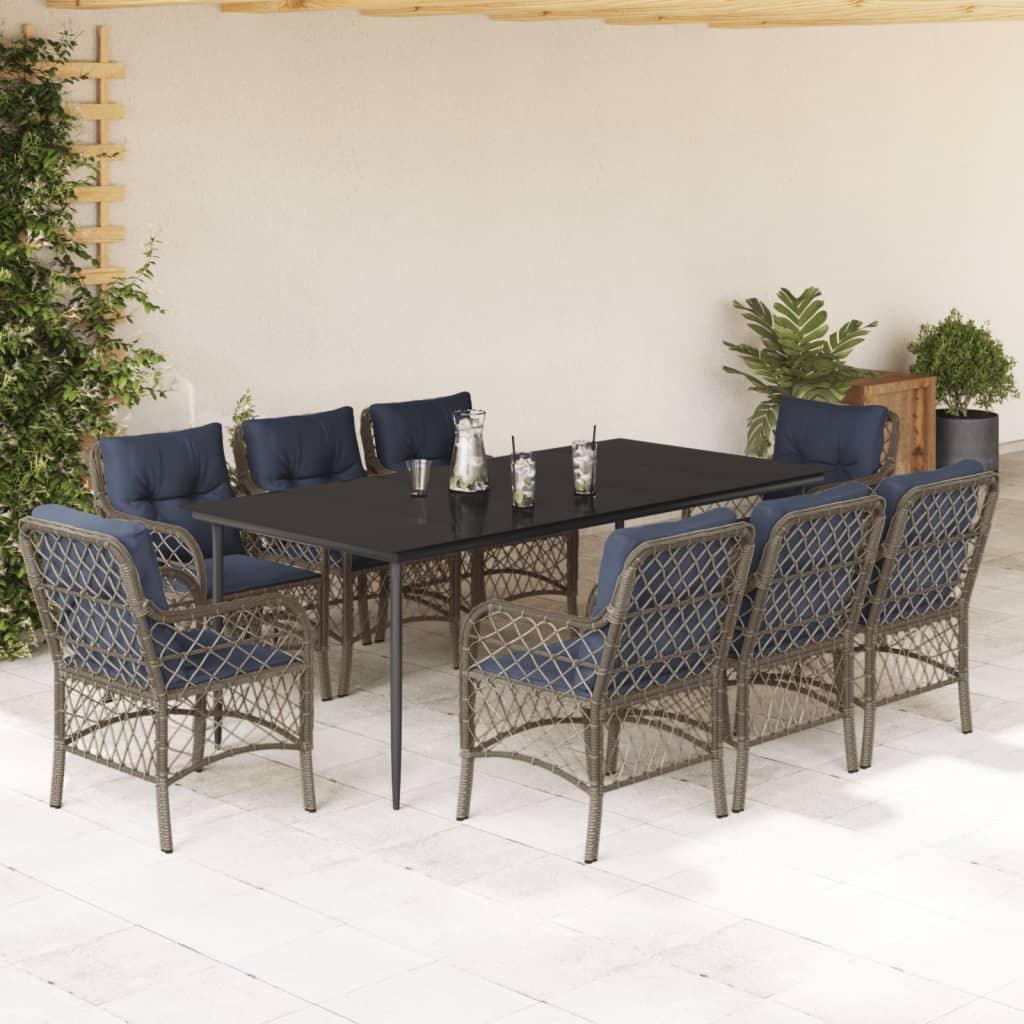vidaXL 9 Piece Patio Dining Set with Cushions Gray Poly Rattan - PRHOMZ