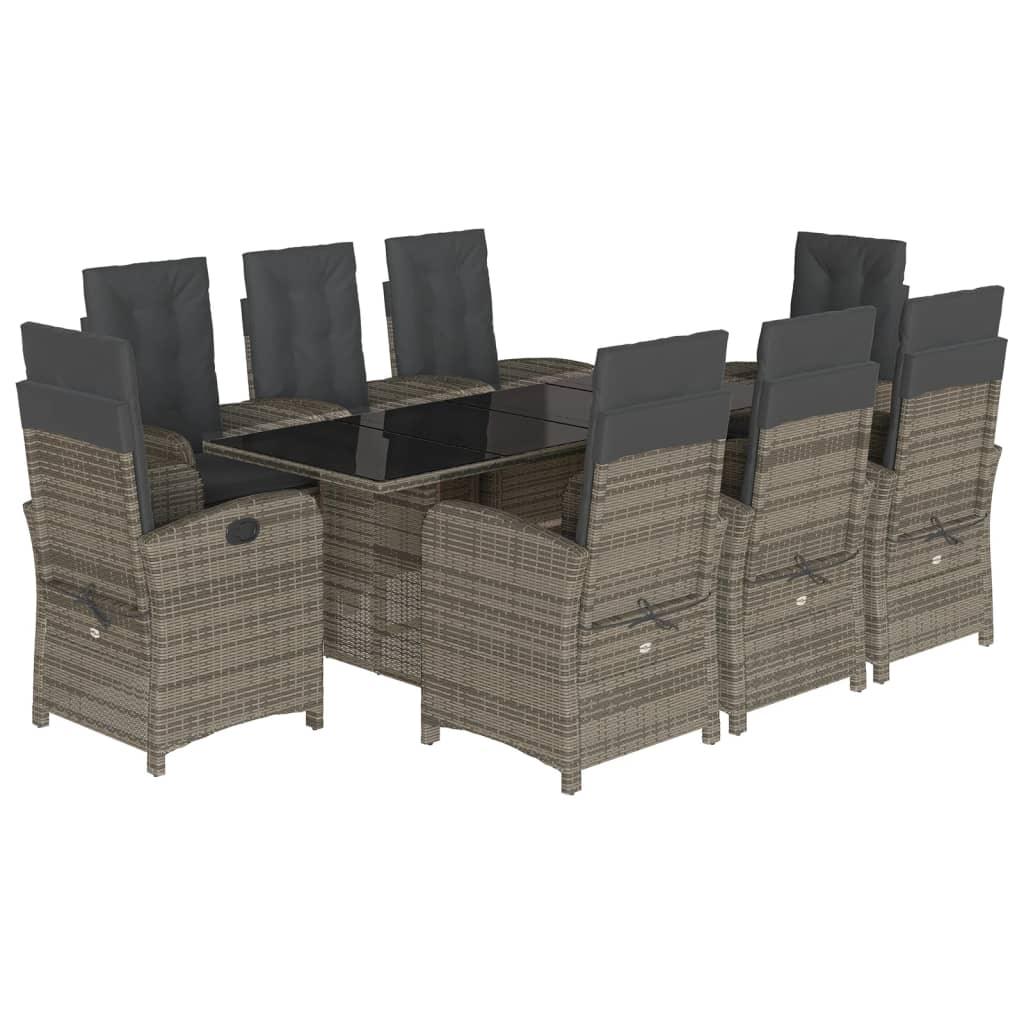 vidaXL 9 Piece Patio Dining Set with Cushions Gray Poly Rattan - PRHOMZ