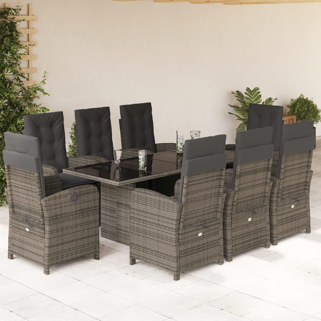 vidaXL 9 Piece Patio Dining Set with Cushions Gray Poly Rattan - PRHOMZ