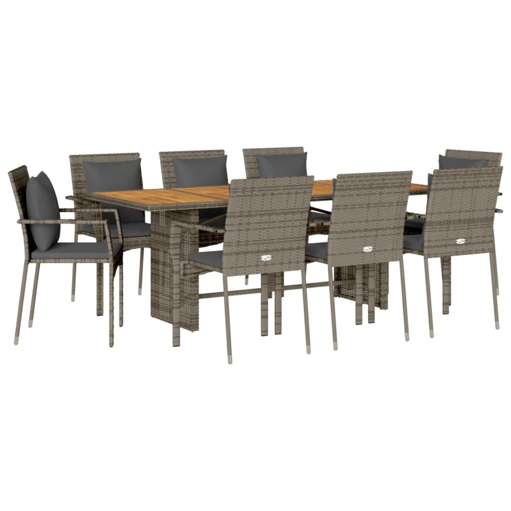 vidaXL 9 Piece Patio Dining Set with Cushions Gray Poly Rattan - PRHOMZ