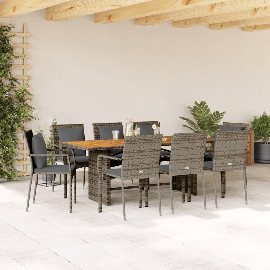 vidaXL 9 Piece Patio Dining Set with Cushions Gray Poly Rattan - PRHOMZ