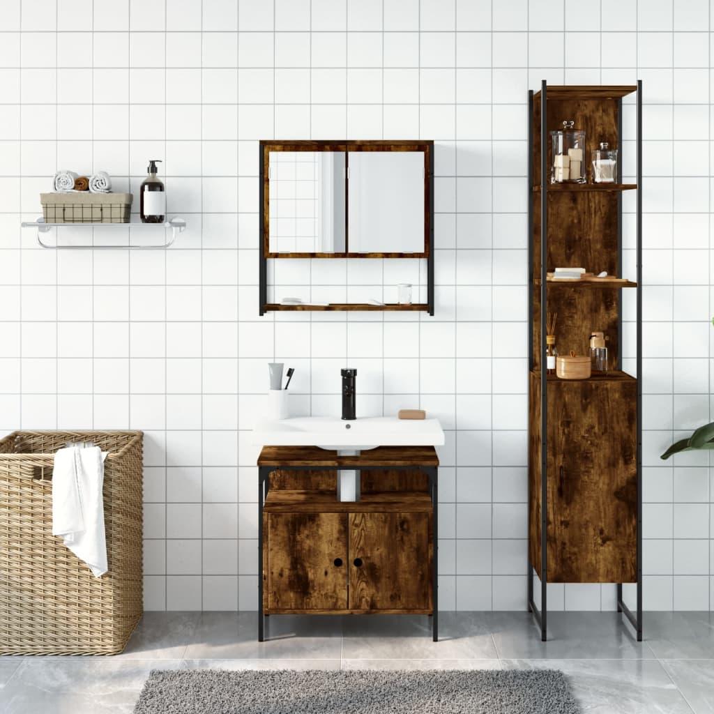 vidaXL 3 Piece Bathroom Furniture Set Smoked Oak Engineered Wood - PRHOMZ