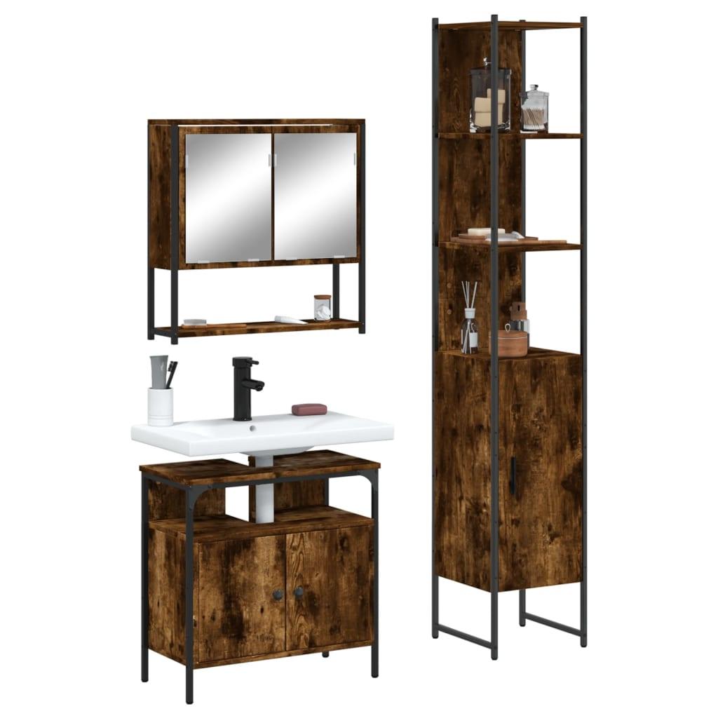 vidaXL 3 Piece Bathroom Furniture Set Smoked Oak Engineered Wood - PRHOMZ
