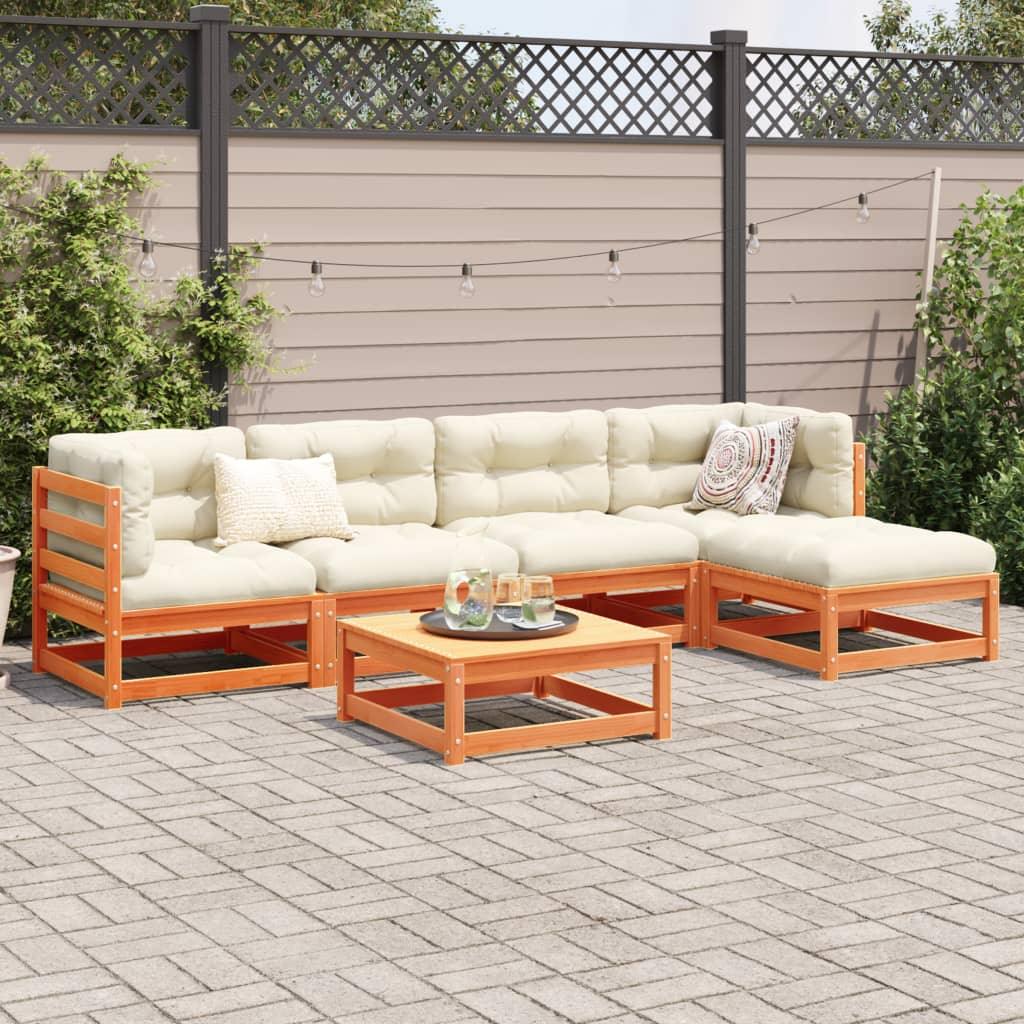 vidaXL 6 Piece Patio Sofa Set with Cushions Wax Brown Solid Wood Pine - PRHOMZ