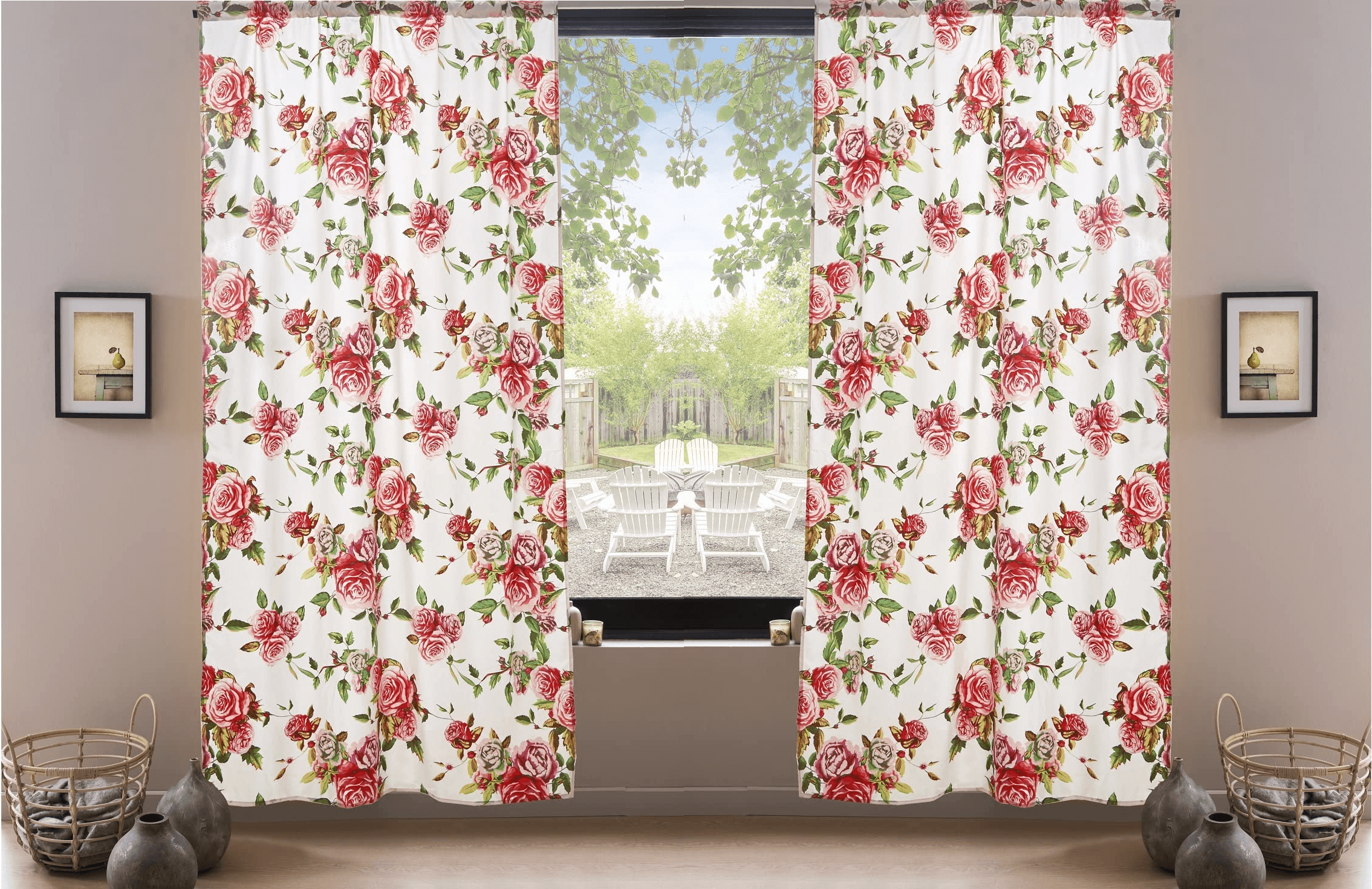 DaDa Bedding Set of 2-Pieces Romantic Roses Pink Floral Sheer Window Panel Curtains (JHW-879)