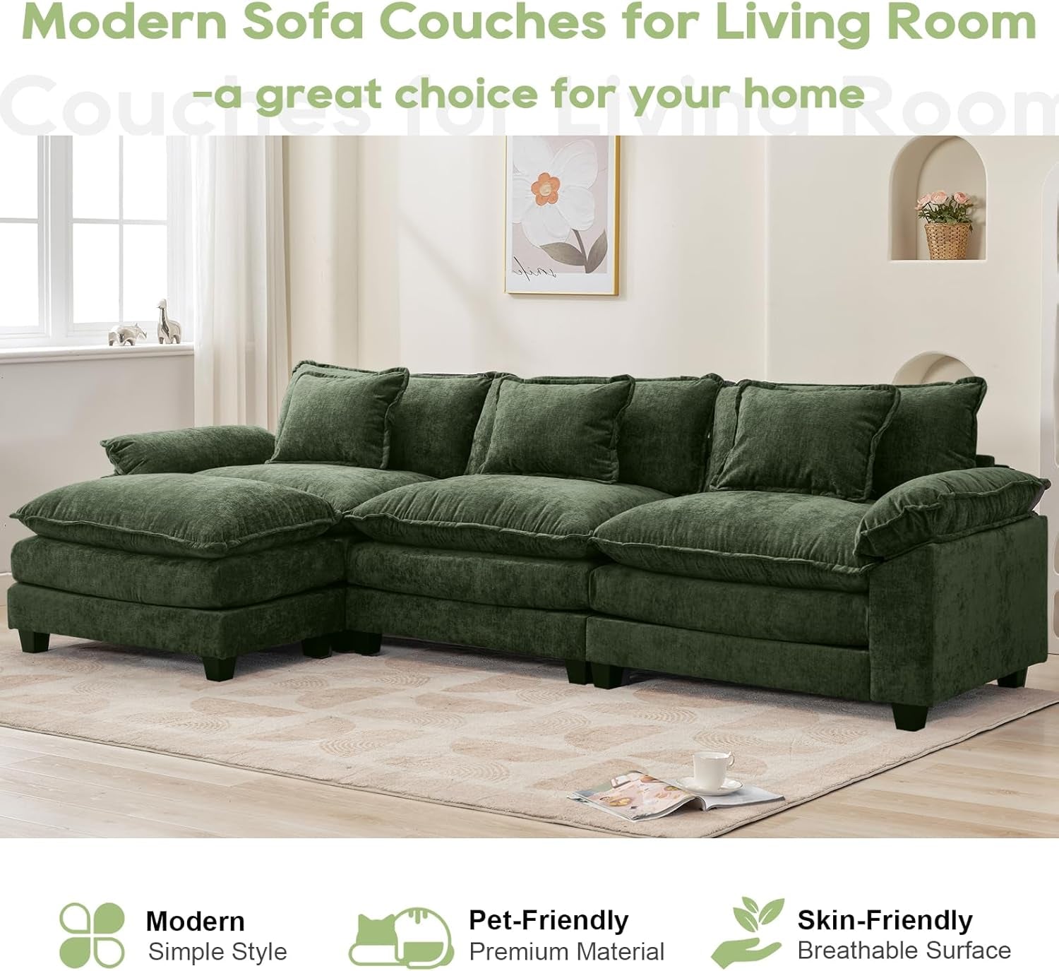120Inch Green Modular Sectional Sofa Featuring Ottoman