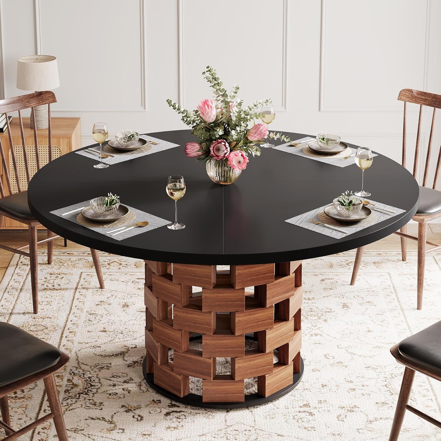 Round 47 Inch Dining Table Black Tabletop Farmhouse Base