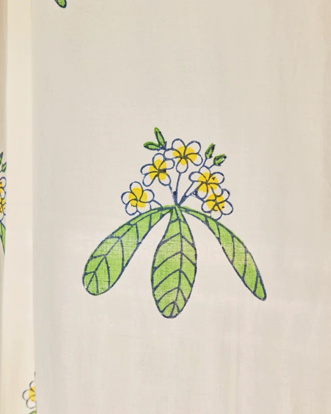 White & Green Hand Block Printed Linen Curtains | Frangipani Design-3