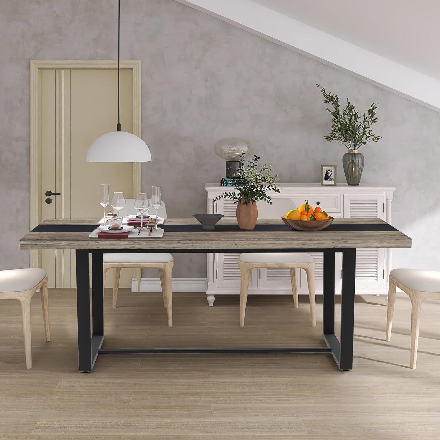 71 Inch Grey Dining Table Industrial Farmhouse Style