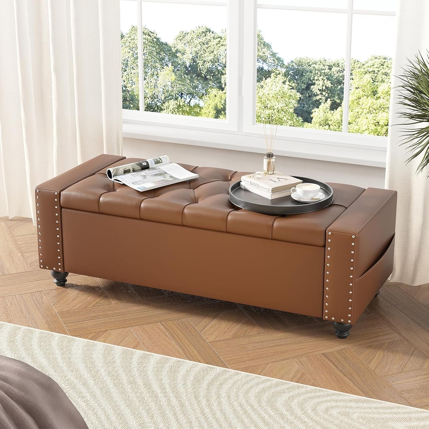 49 Inch Upholstered Storage Ottoman Bench Espresso Brown
