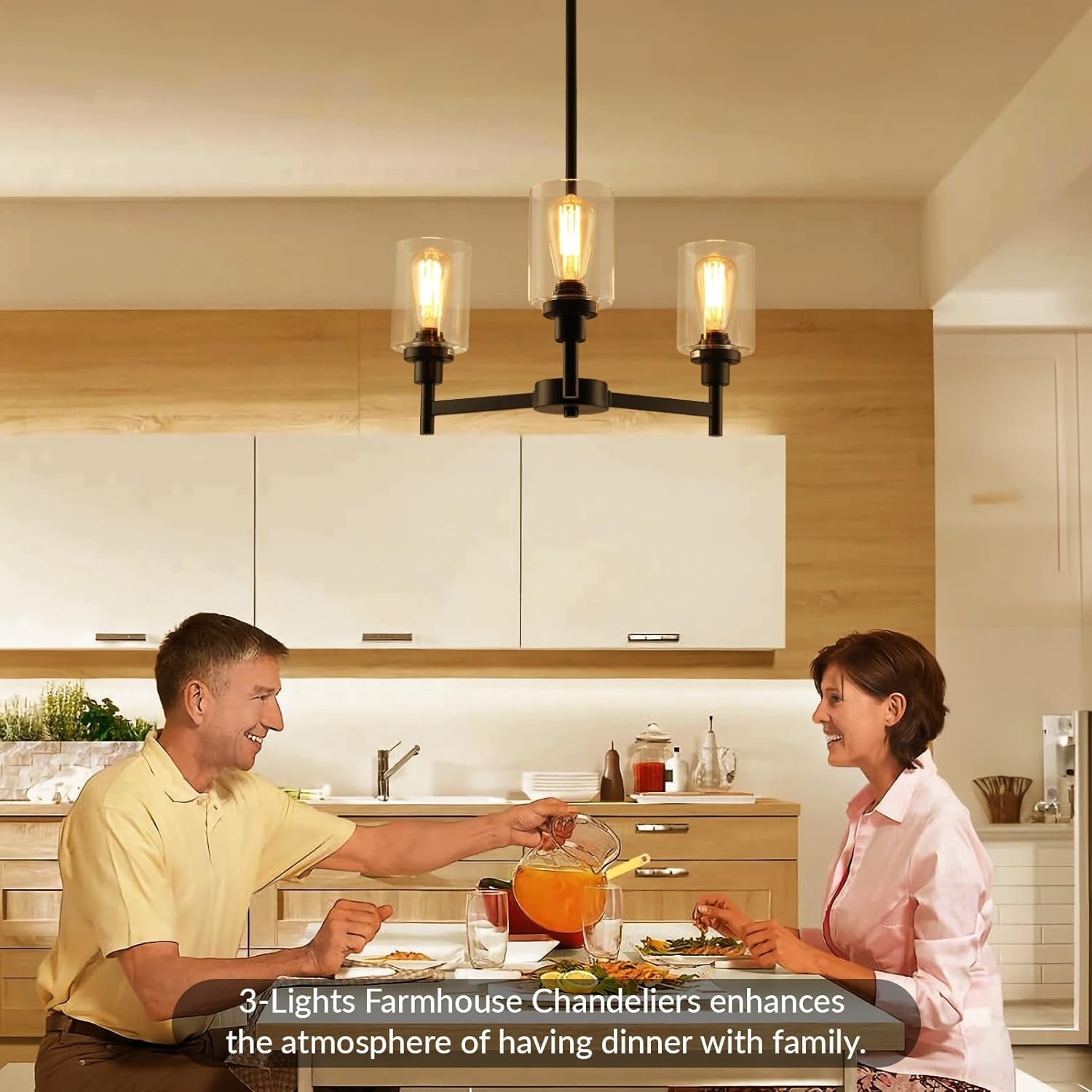 Three Light Black Glass Chandelier For Dining Room And Entryway With Glass Shade