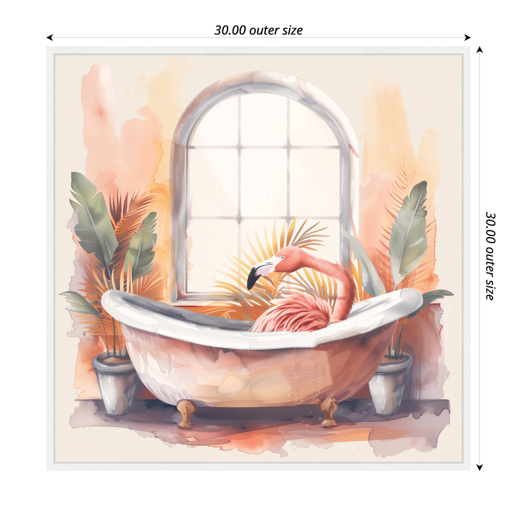 Sylvie Flamingo Bath Pastel Tropical Bathroom Watercolor Framed Canvas by The Creative Bunch Studio