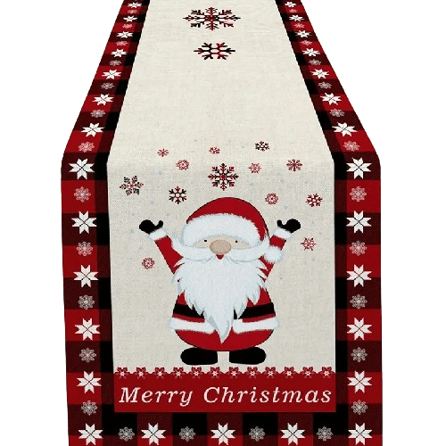 Seasonal Winter Holiday Table Runner - Red and Black Buffalo Check Plaid with Santa Claus & Snowflake Patterns-0