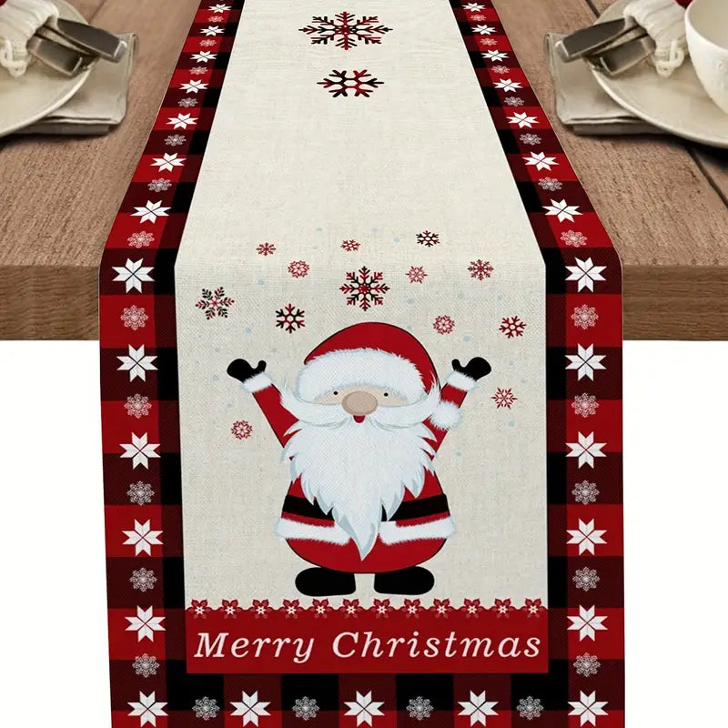 Seasonal Winter Holiday Table Runner - Red and Black Buffalo Check Plaid with Santa Claus & Snowflake Patterns
