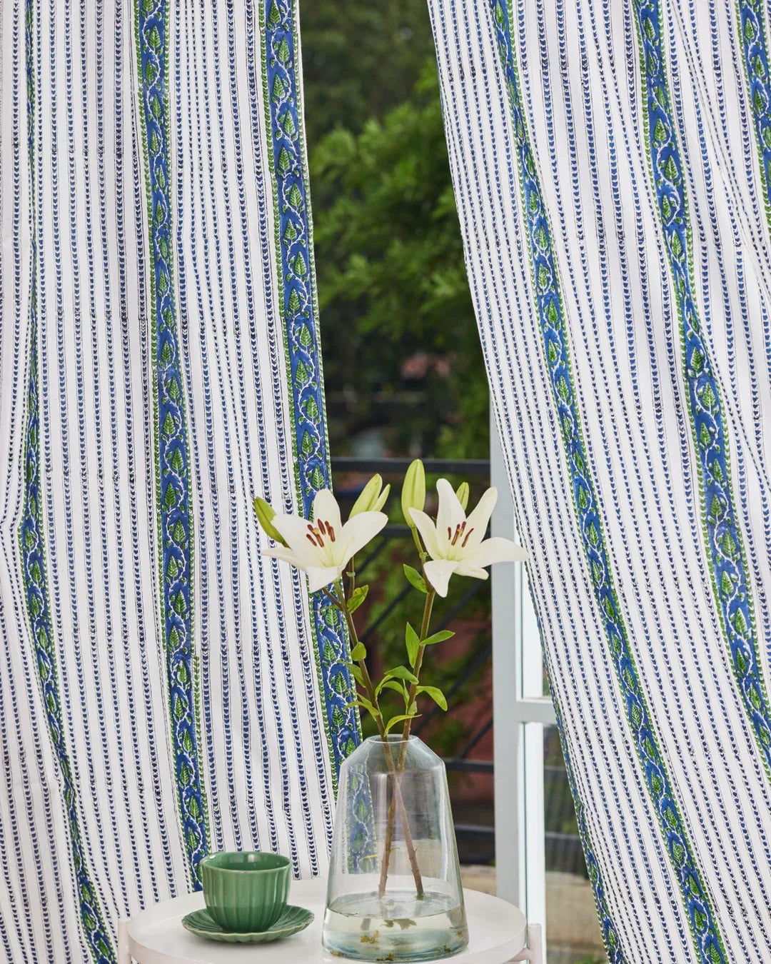 White & Blue Hand Block Printed Linen Curtains | Leaf & Stripe Design-1
