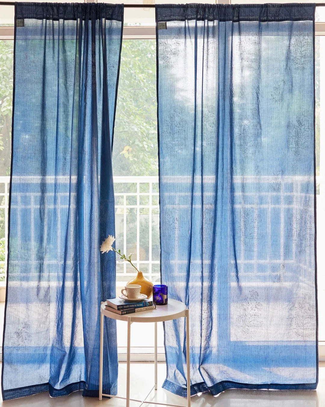 Indigo Hand Block Printed Linen Curtains | Floral & Stripe Design-3