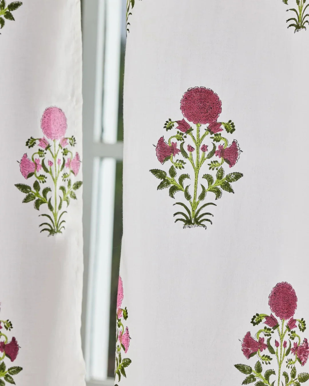 White & Pink Hand Block Printed Linen Curtains | Floral Design-2