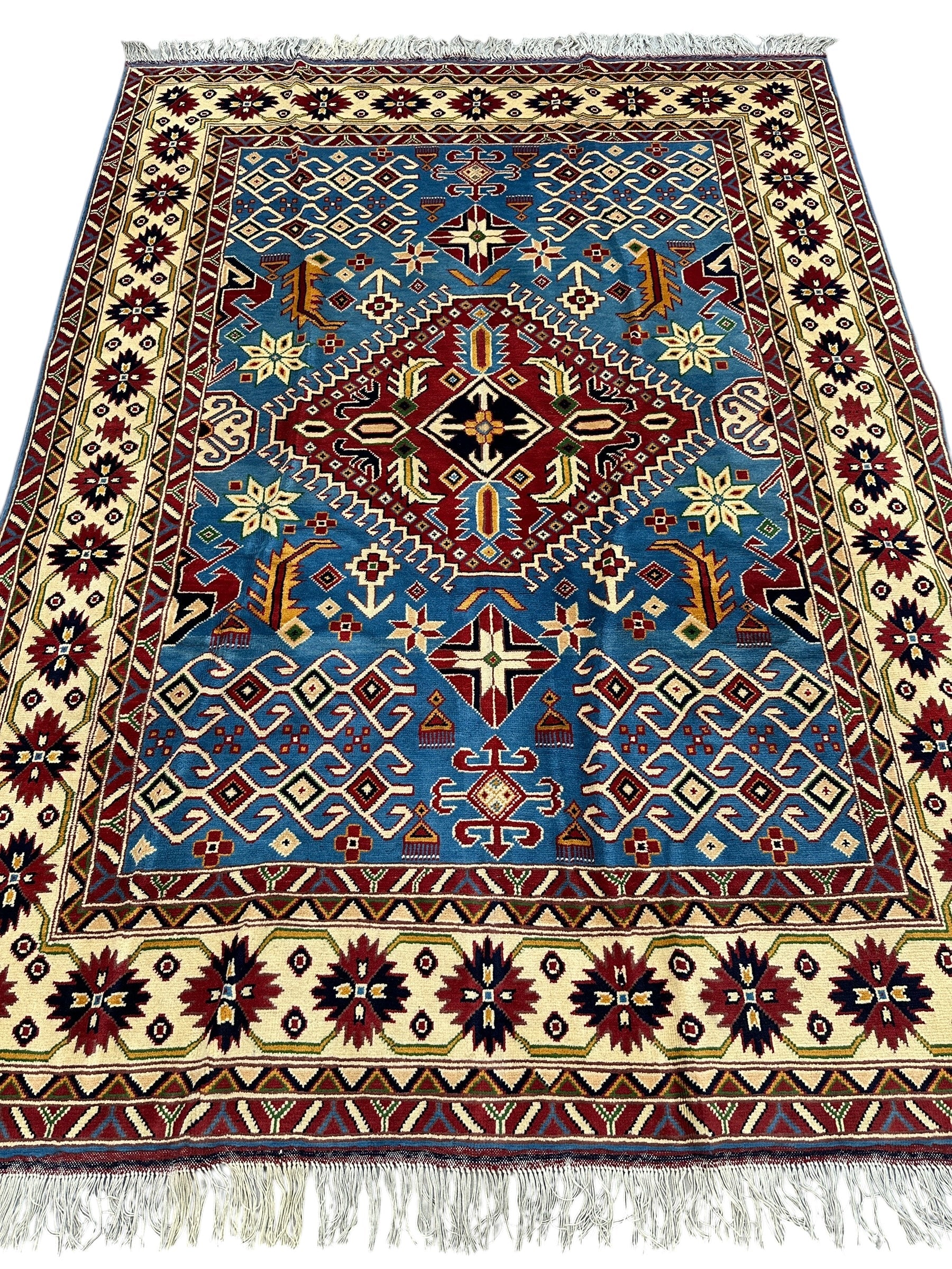 Hand-Knotted Afghani Kazak Wool Rug – 5’0″ x 6’10″