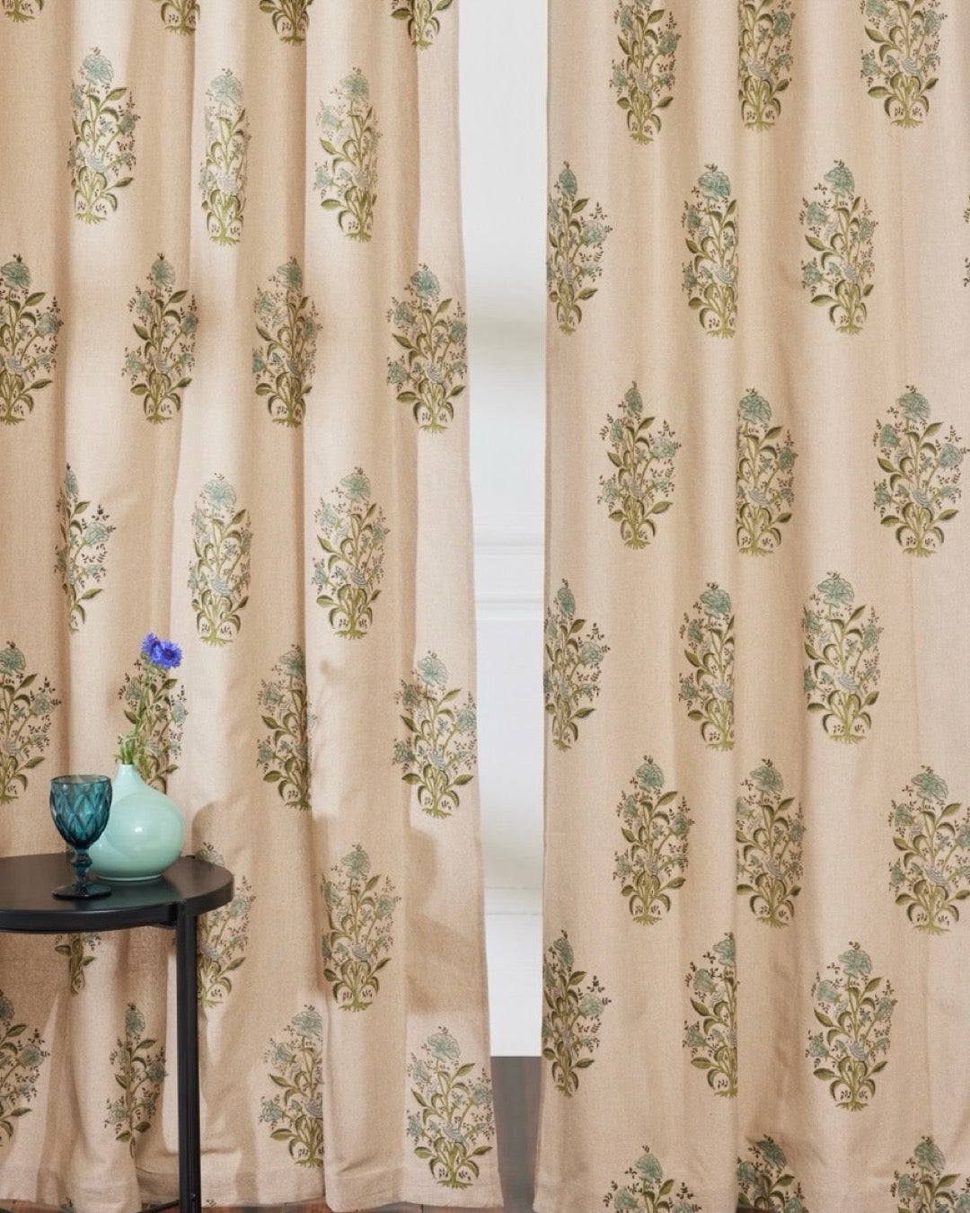 Hand Block Printed Linen Curtains | Bird & Floral Motif | Standard & Custom Lengths-0