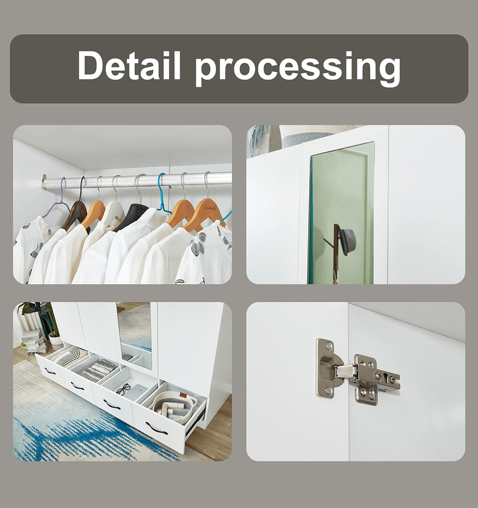 White Mirror Wardrobe Closet – 4-Door Wooden Freestanding Armoire with Shelves & Hanging Rod - PRHOMZ