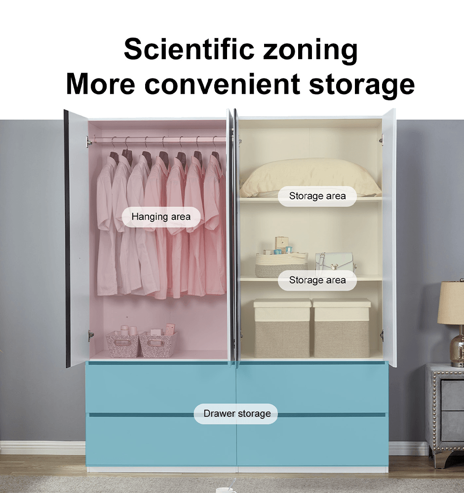 74.2" H White 4-Door Wardrobe Closet – Modern Wood Armoire with Black Accents & Hanging Rod - PRHOMZ