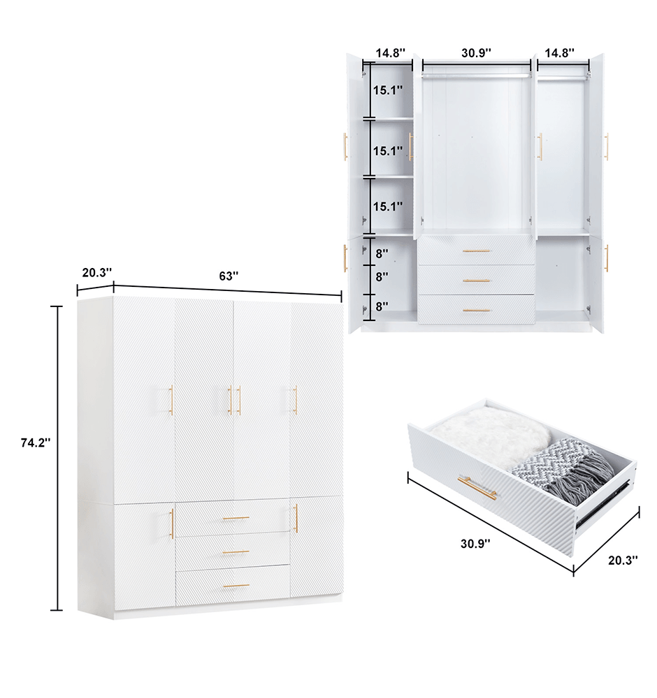 74.2" Tall White Wardrobe Closet with 4 Doors, 3 Drawers, Shelves & Hanging Rod – Freestanding Storage Cabinet for Bedroom or Bathroom Clothes Organization - PRHOMZ