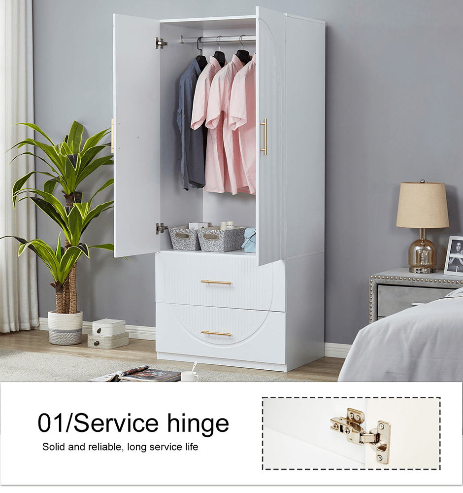 74.2" H White Modern Wooden Armoire Wardrobe – 2 Doors, 2 Drawers Freestanding Closet with Hanging Rod - PRHOMZ