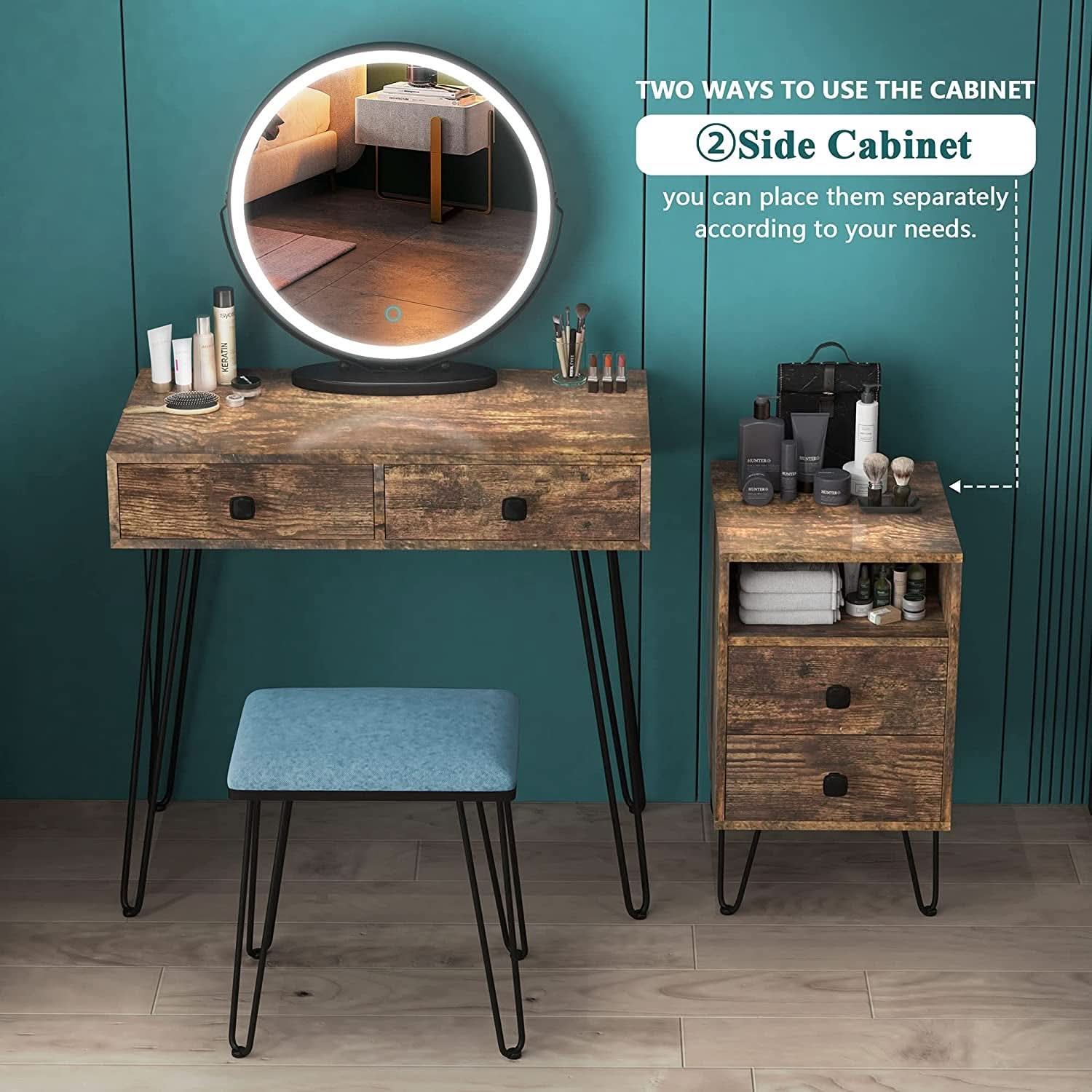 Vanity Desk Set With Drawers And LED Lighted Mirror