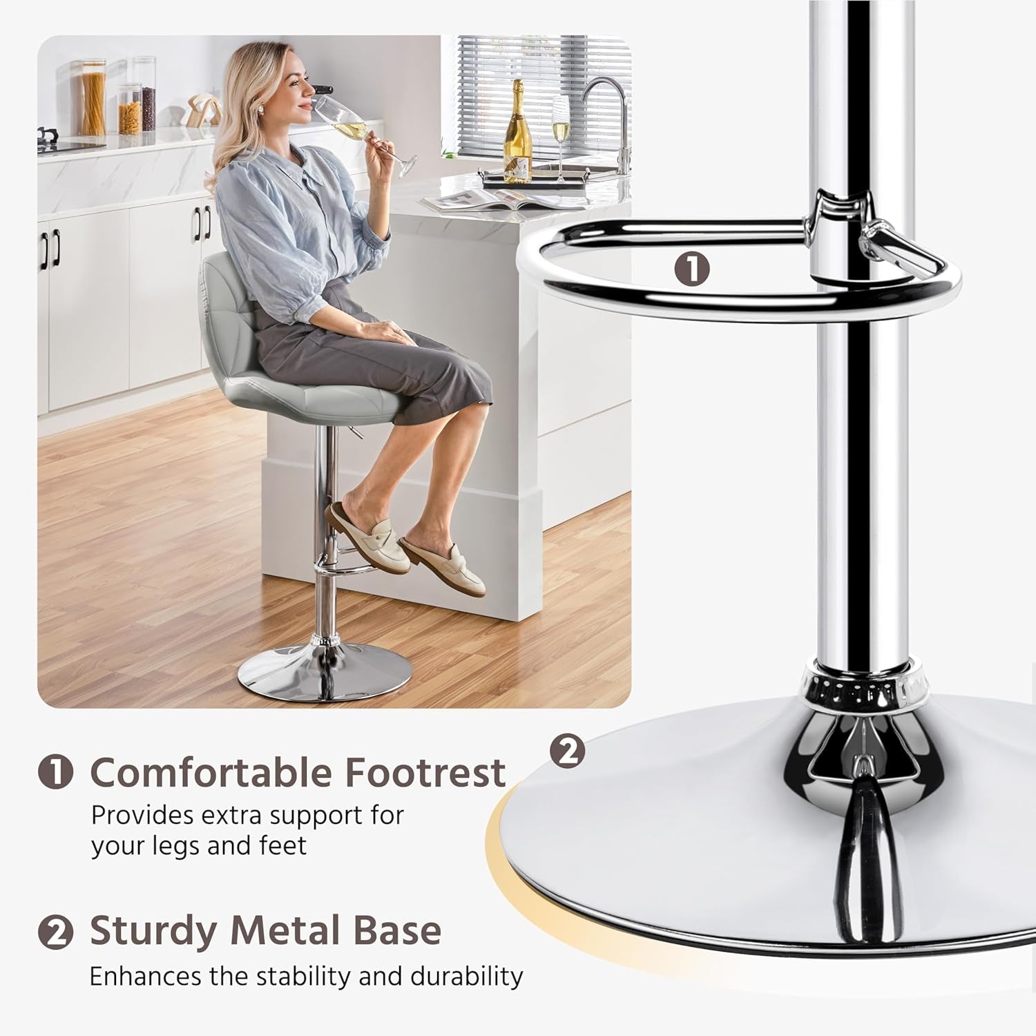 Grey PU Leather Bar Stools Set Of 2 Adjustable Height