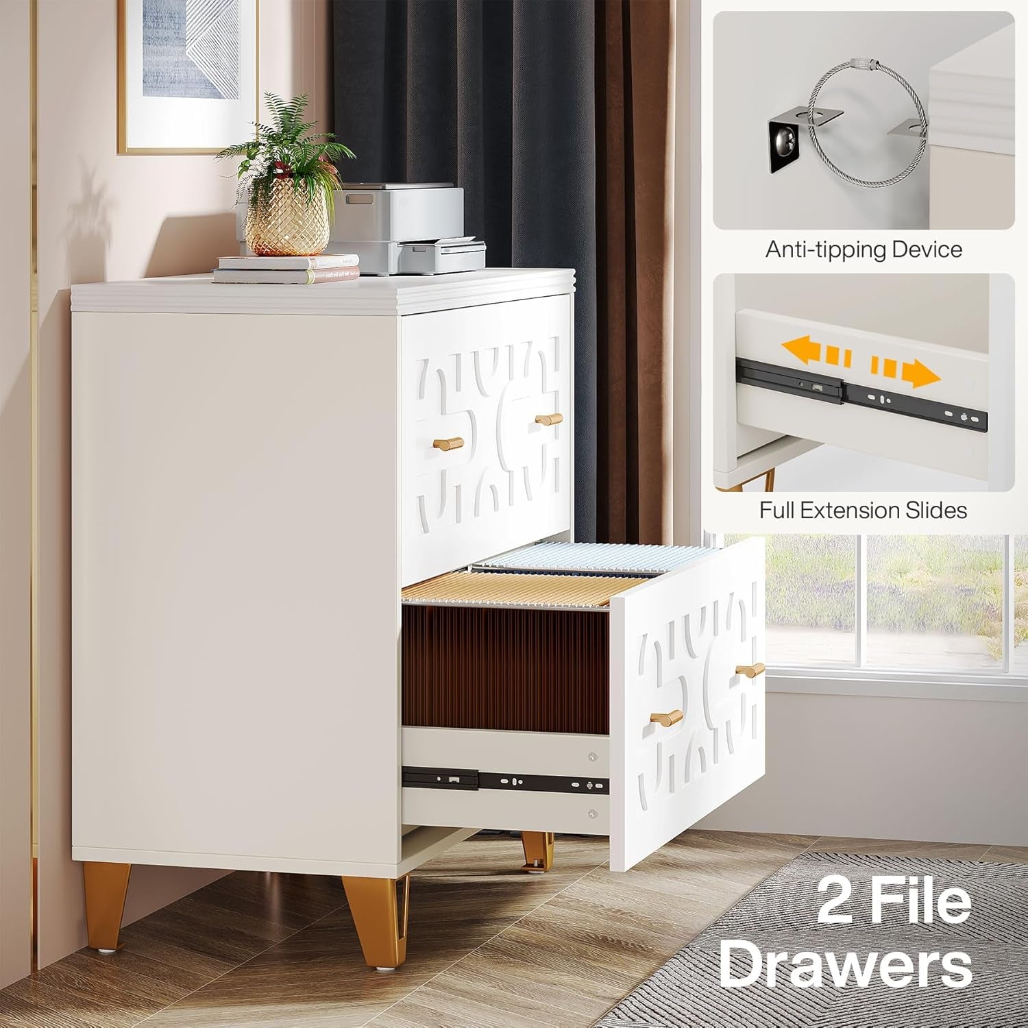 Two Drawer Lateral File Cabinet White And Gold For Legal Letter A4 Files Printer Stand Home Office