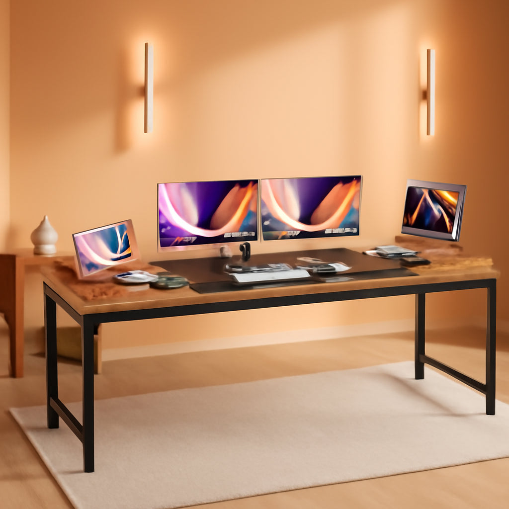 80 Inch Rustic Brown And Black Gaming Desk With Storage