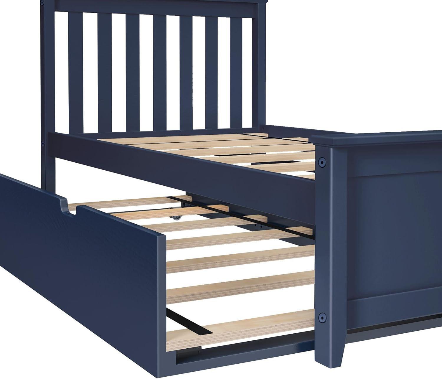 Blue Twin Bed Frame With Trundle Slatted Headboard