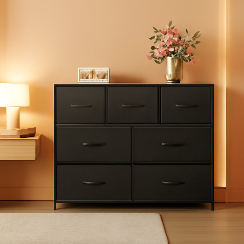 Black Dresser TV Stand With Fabric Drawers 39 Inch Length