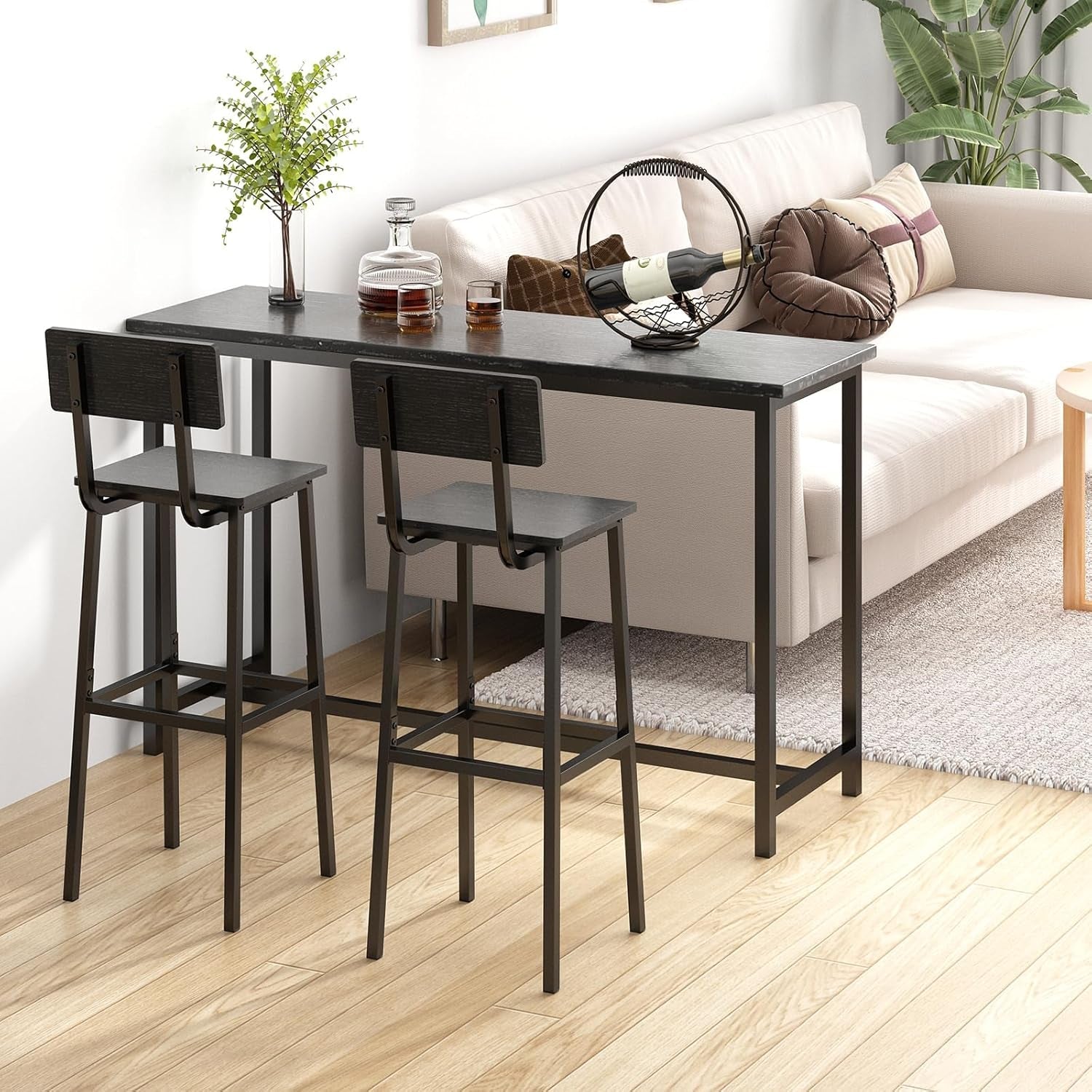 Industrial Tall Bar Stool Set Backrest Footrest Black