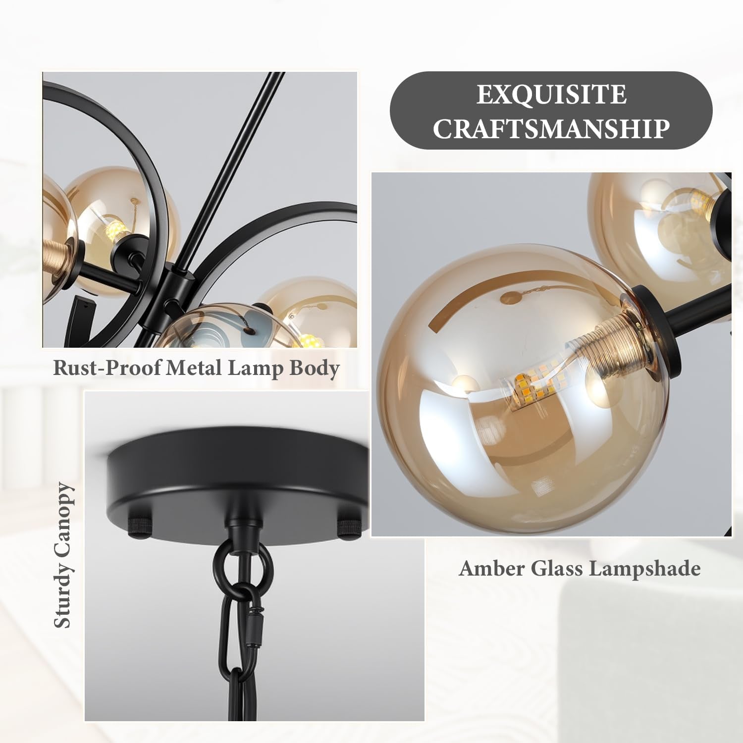 Black Sputnik Chandelier 4 Light Amber Glass Globes-4