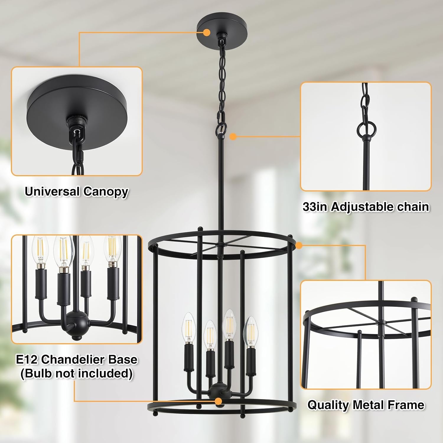 Industrial Black Chandelier Adjustable Height Ceiling Light-2