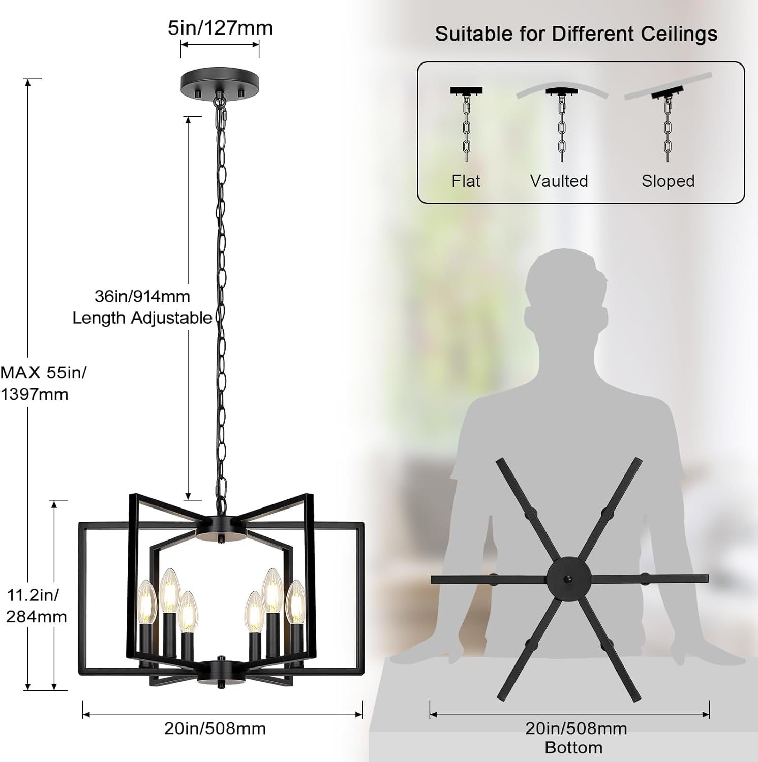 Black Geometric 6 Light Contemporary Ceiling Chandelier-1