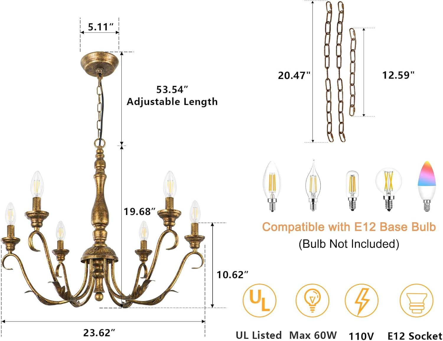 Six Light Farmhouse Chandelier Vintage Brass Fixture-1
