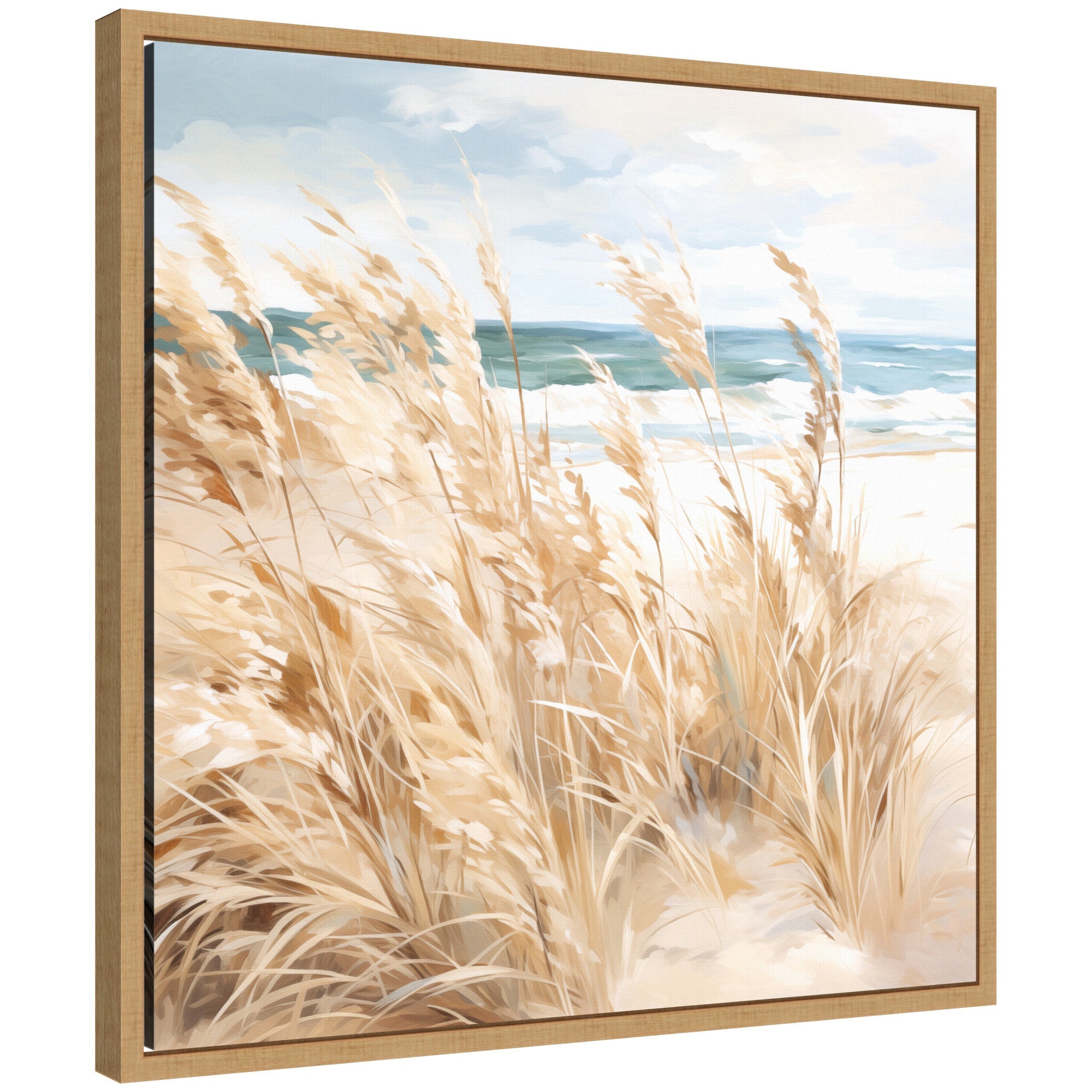 Sylvie Beige Beach Grass Near Tranquil Beach Framed Canvas by The Creative Bunch Studio