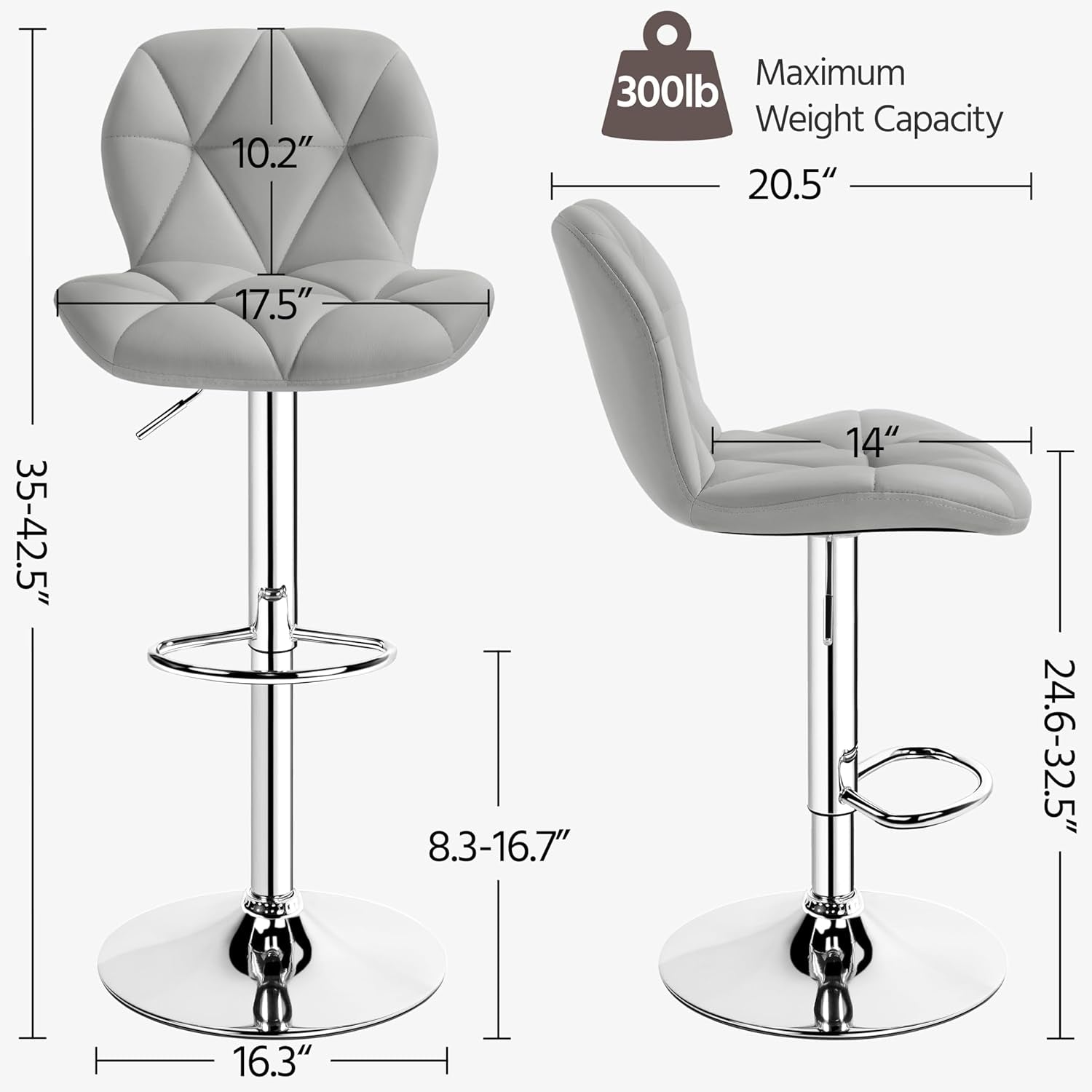 Grey PU Leather Bar Stools Set Of 2 Adjustable Height