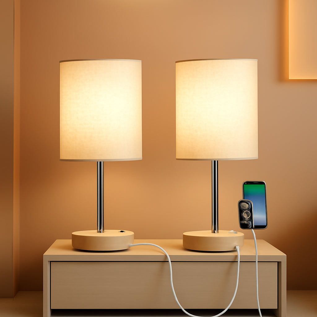Bedside Table Lamp Set Of 2 Dimmable Three Way AC Outlet