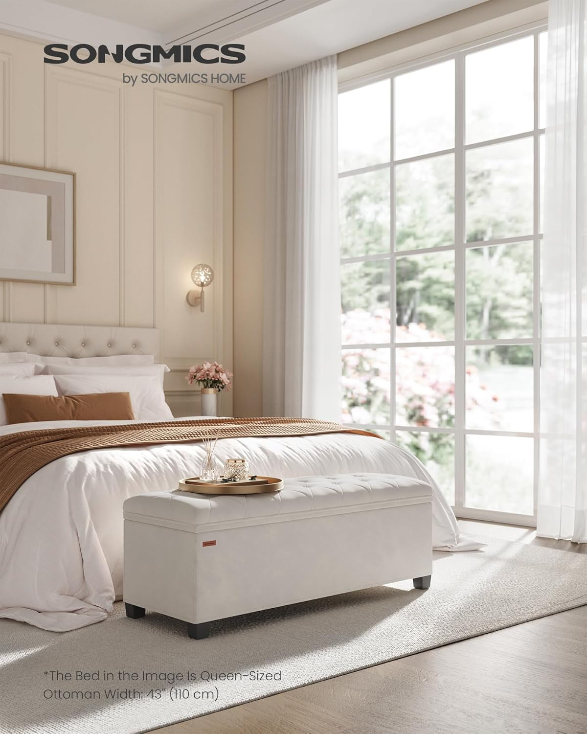 Cream Velvet Textured Storage Ottoman Bench 43Inch