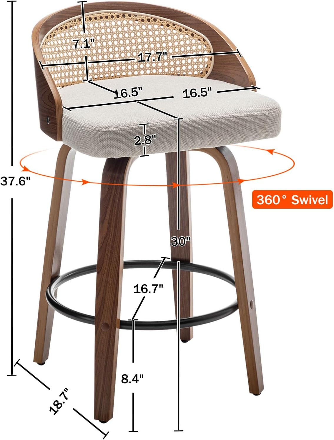 Mid-Century Modern Swivel Rattan Bar Stools Set