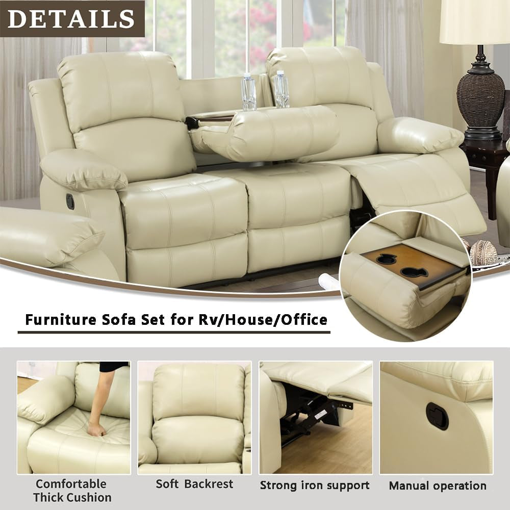 Beige Leather Recliner Sofa Set With Built In Coffee Table